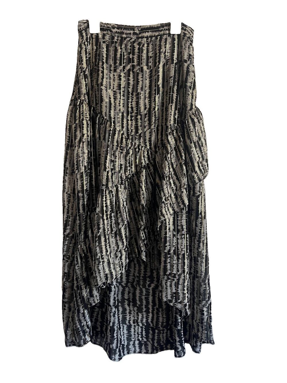 Current Air LA Black Abstract Stripe Ruffle Maxi Skirt Small Boho Lined S